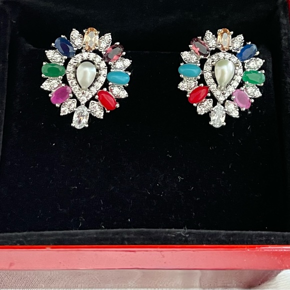 14k White Gold Plated 9 stone Earring - Picture 1 of 6